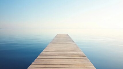 Fototapeta premium A serene wooden pier extends into calm waters under a clear sky.