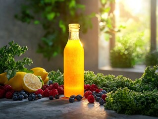 Fototapeta premium Minimalist Stone Table with Cold Pressed Juice and Fresh Produce Symbolizing Detox and Healthy Lifestyle