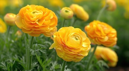 beautiful blooming yellow ranunculus flowers in the green field