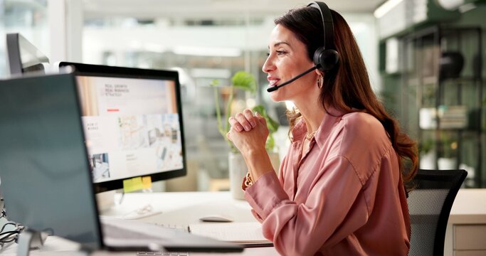 Woman, mic and computer screen at call center in office for crm, customer service and sales information. Girl, talking and headset for telemarketing, technical support and feedback with legal advice - Powered by Adobe