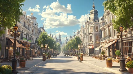 A traditional town square with ornate statues and antique street lamps beside a newly built business district with reflective glass buildings, classic style blending with minimalist design. --ar 16:9