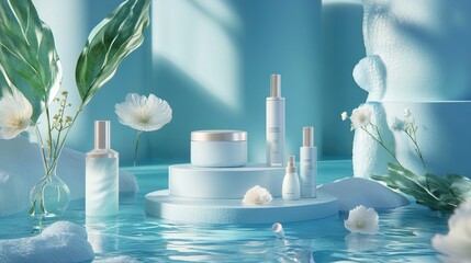 AI-generated beauty layout with skincare and facial cosmetic products, set against a serene blue background for branding purposes.