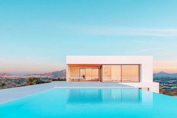 Fototapeta premium Modern luxury villa with infinity pool and stunning sunset view over the mountains