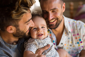 Obraz premium Family portrait of male homosexual couple with young child