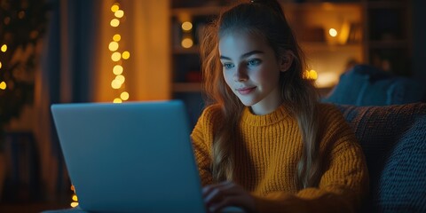 Obraz premium E-learning, Classroom, Online Education, Focused Student Learning Online with Laptop 