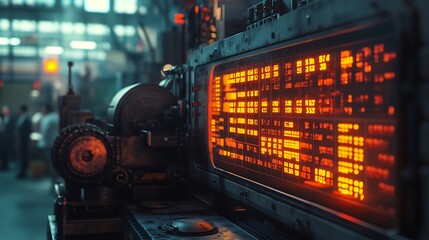 A vibrant digital stock market display next to an old-fashioned ticker tape machine, colorful screens glowing against the muted, worn metal of the analog device, bustling office background. --ar 16:9