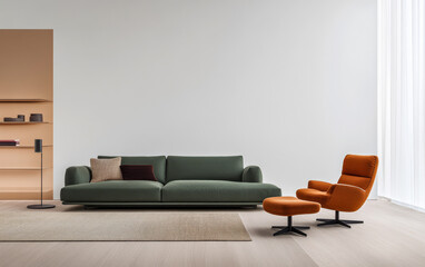 Modern living room design featuring a green sofa and orange accent chair in a minimalist setting