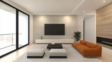 Fototapeta premium Modern living room with a sleek TV and stylish furniture arrangement