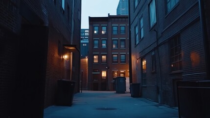 A dimly lit alleyway between brick buildings, showcasing urban architecture and evening ambiance.