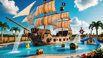 Pirate Ship Pool Area with Splash Buckets and Water Cannons
