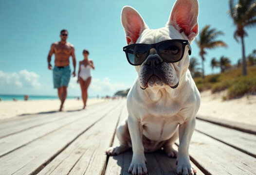 Stylish Bulldog Wearing Sunglasses On A Sunny Beach Day