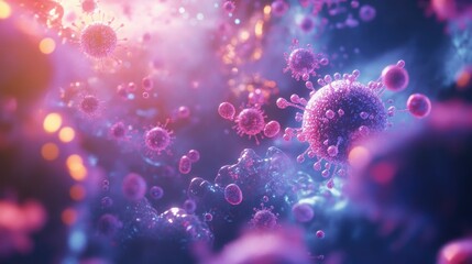 Close-up of microscopic blood cells and viruses in a digital 3D render, with a focus on viral infection.