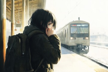 Fototapeta premium A child waits at a train station, gazing at an approaching train.
