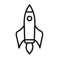 Rocket icon in black outline style, Vector illustration of a rocket with a simple black outline design, symbolizing space exploration, innovation, and startup concepts.

