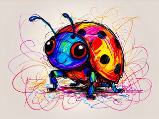 Naklejka premium Funny smiling ladybug with face in chaotic wax crayon drawing style
