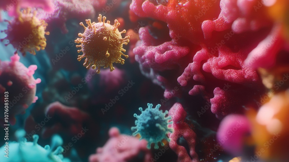 Poster colorful 3d visualization of virus cells attacking blood, close-up view of interaction at microscopi