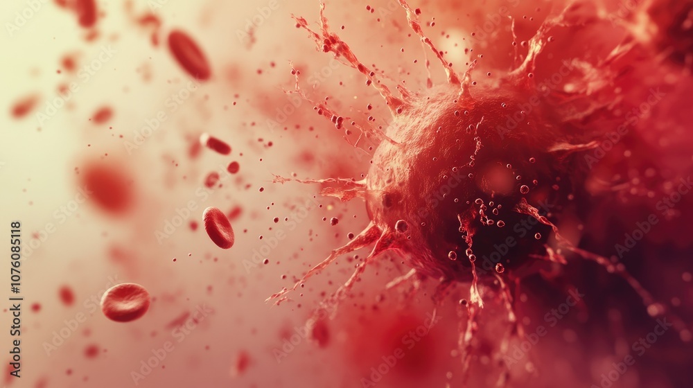Poster colorful 3d visualization of virus cells attacking blood, close-up view of interaction at microscopi
