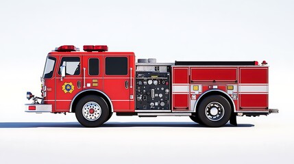 A red fire truck with equipment, designed for firefighting and emergency response.