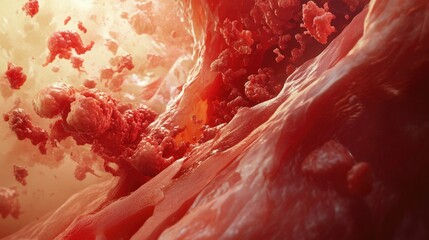 Concept of atherosclerosis, showing clogged arteries with fat and cholesterol buildup, limiting circulation.