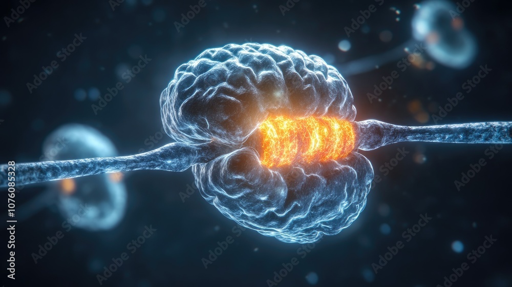 Poster concept of neuron cells and synapse sending electrical chemical signals in the brain, glowing blue b