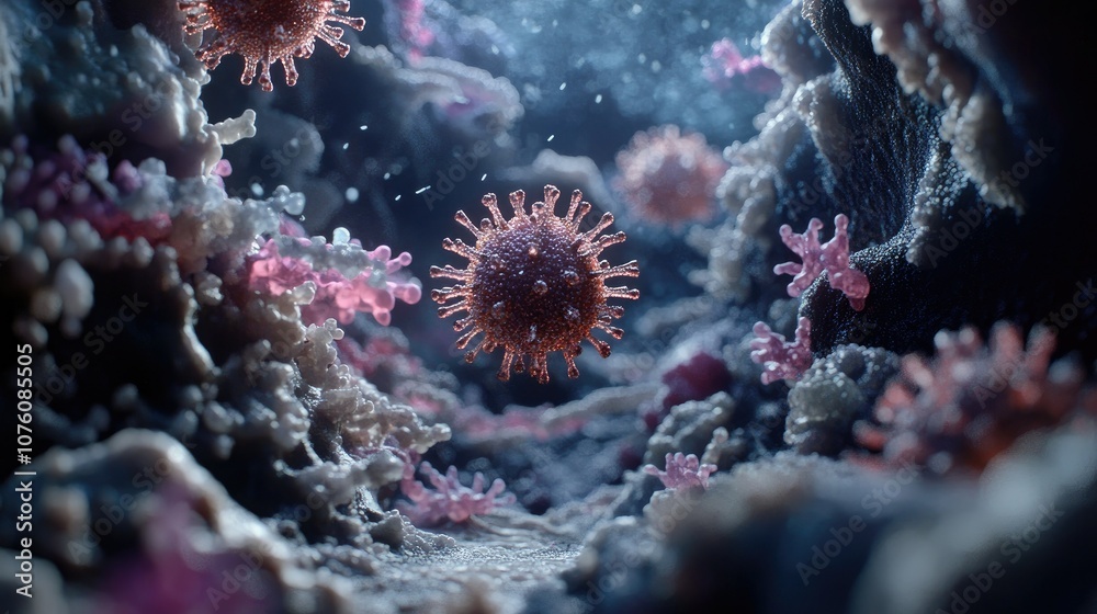 Poster detailed 3d microscopic view of a virus interacting with antibodies, showcasing immune response at c