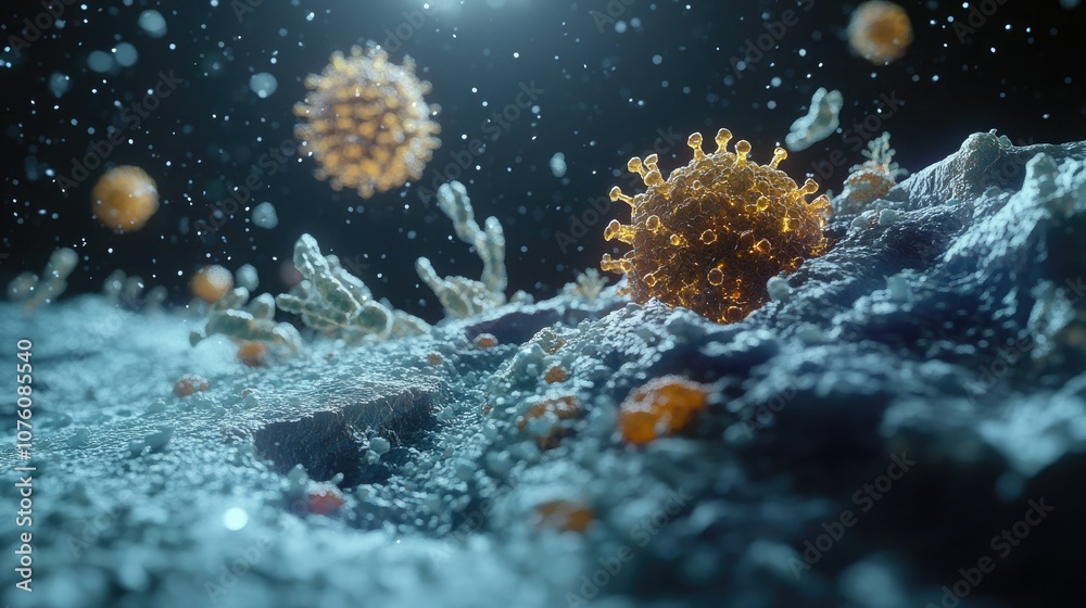 Poster detailed 3d microscopic view of a virus interacting with antibodies, showcasing immune response at c