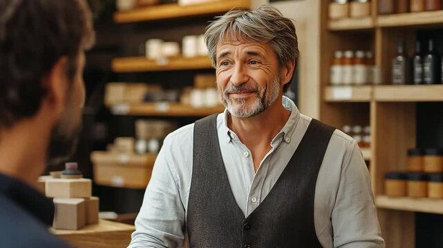 A business owner is at a store with his employees, and they are chatting amiably.