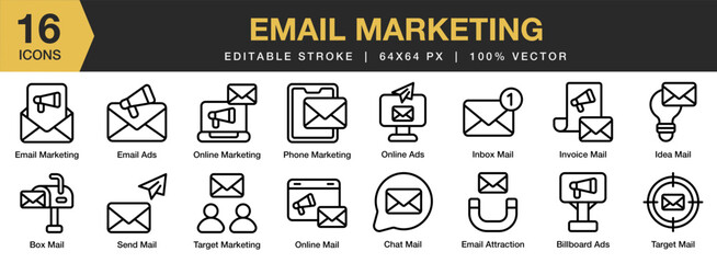 Email Marketing icon set. Editable Stroke Icon Collection. Includes Billboard ads, box mail, chat, email ads, attraction, marketing, and More. Outline icons vector collection.