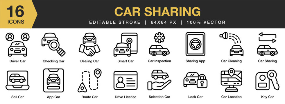 Car Sharing icon set. Editable Stroke Icon Collection. Includes app car, cleaning, inspection, location, sharing, checking, and More. Outline icons vector collection.