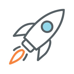 Colorful rocket icon launching with flames, Vector illustration of a rocket launching with a fiery trail, symbolizing space exploration, startups, and innovation.