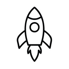 Rocket icon in black outline style, Vector illustration of a rocket with a simple black outline design, symbolizing space exploration, innovation, and startup concepts.
