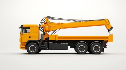 Naklejka premium A side view of a yellow truck with a crane, designed for construction and heavy lifting.
