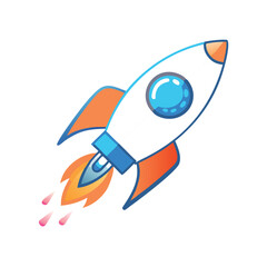 Colorful rocket icon launching with flames, Vector illustration of a rocket launching with a fiery trail, symbolizing space exploration, startups, and innovation.