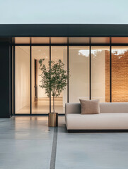 A modern living space with minimalistic design and a cozy atmosphere in daylight