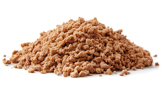 Closeup pile of cooked minced pork meat highly detailed white background, food photography