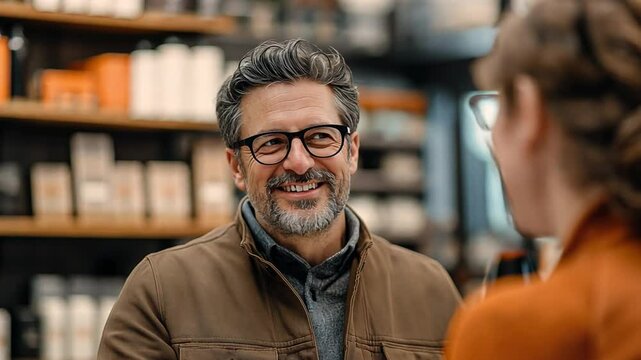 A business owner is at a store with his employees, and they are chatting amiably.