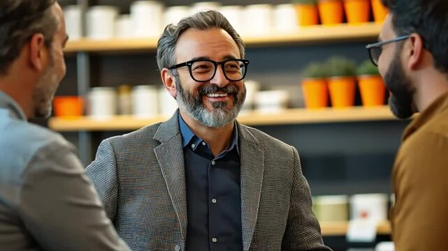 A business owner is at a store with his employees, and they are chatting amiably.