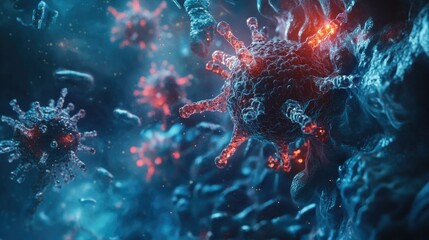 Fototapeta premium Illustration of antibodies interacting with viral infections in a digital 3D medical scene, at microscopic scale.