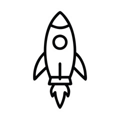 Rocket icon in black outline style, Vector illustration of a rocket with a simple black outline design, symbolizing space exploration, innovation, and startup concepts.
