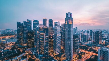 Fototapeta premium Urban Skyline at Dusk with City Lights and Clouds