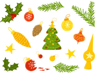 Christmas elements for design. Set with Christmas tree, mistletoe, baubles, Christmas tree toys and tree topper. Vector hand drawing in cartoon flat design