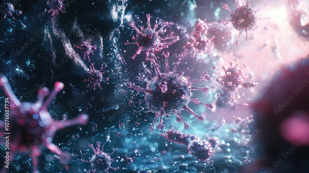 Poster scientific 3d render showing how antibodies interact with viruses, with a focus on immune system fun