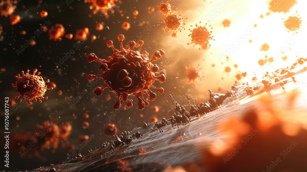 Poster Scientific 3D render showing how antibodies interact with viruses, with a focus on immune system function.