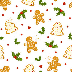 Gingerbread seamless pattern. Christmas background with cookies, mistletoe, leaves and berries. Vector hand drawn print isolated on white. Illustration for printing, packaging, wrapping paper