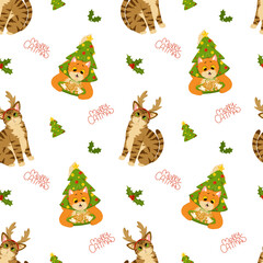 Funny, cute cats celebrating Christmas and New Year. Background of kittens playing with Christmas decorations and ornaments. Vector seamless pattern for holiday print on fabric, wrapping. Merry Catmas