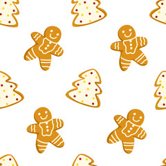 Gingerbread seamless pattern. Christmas background with homemade cookies. Vector hand drawn print isolated on white background. Illustration for printing, packaging, wrapping paper