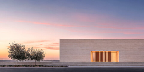 Obraz premium Modern architectural building at sunset with serene landscaping in a tranquil setting