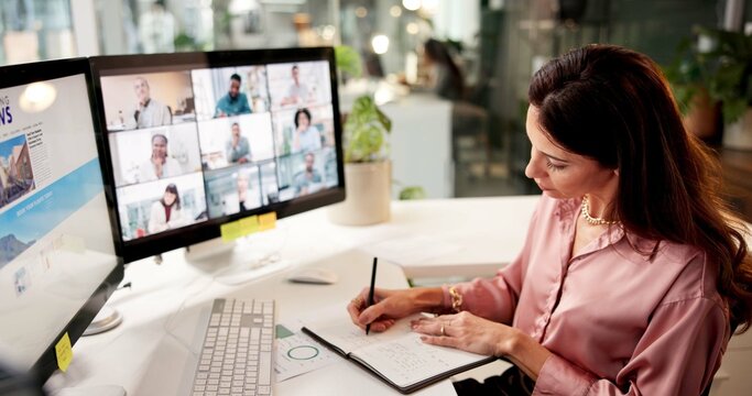 Video conference, computer and business woman with writing, notes and creative training on screen in startup. Webinar, online call and copywriter with notebook, group and virtual chat or news meeting