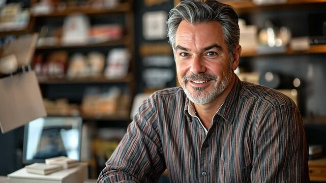 A business owner is at a store with his employees, and they are chatting amiably.