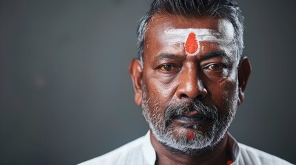 Fototapeta premium A Hindu priest showcases peaceful expression and traditional attire, with a tilak accentuating his forehead in soft natural lighting